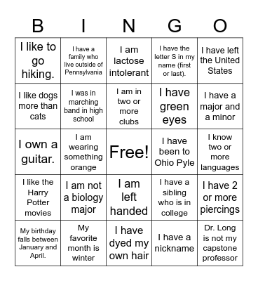 Find a Friend Bingo Card