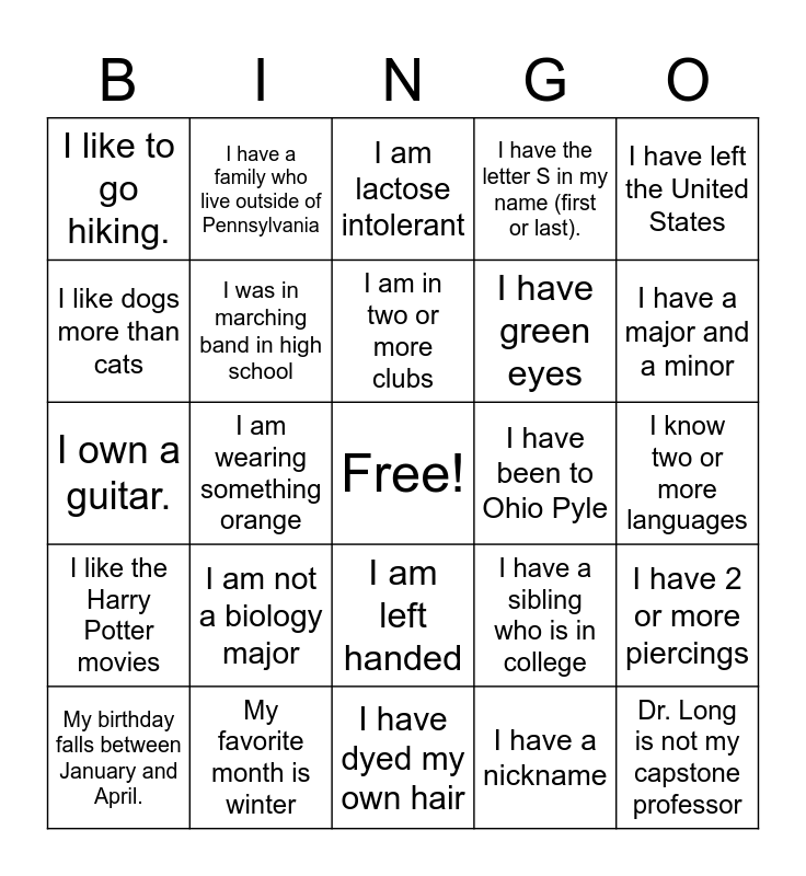 Find a Friend Bingo Card