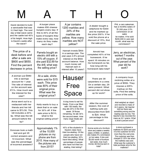 Hauser Percent BINGO 7-1 Bingo Card