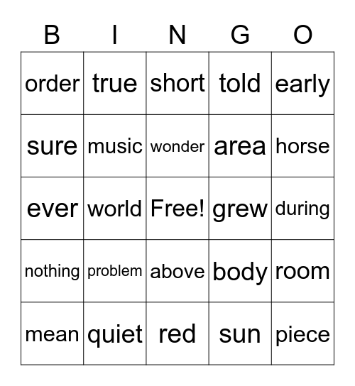 sight words Bingo Card