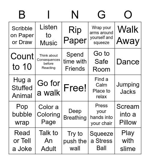 Anger Coping Skill Bingo Card