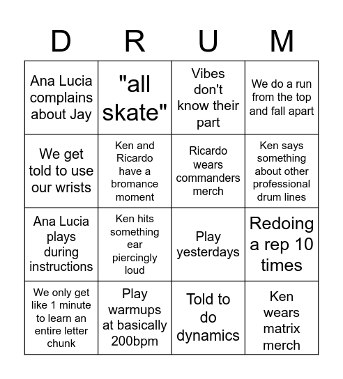 Drumline Bingo Card