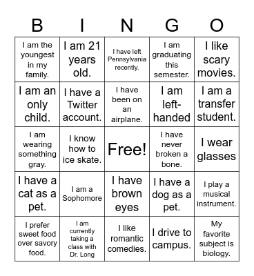 Find a Friend Bingo Card