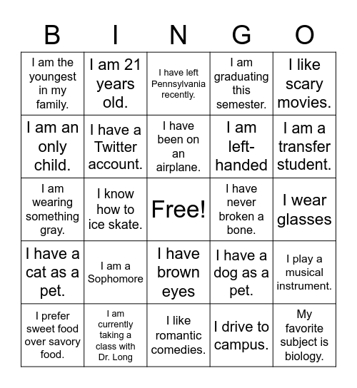 Find a Friend Bingo Card