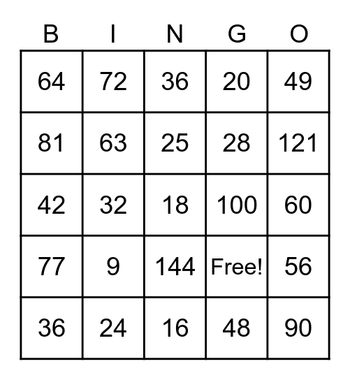 Multiplication Bingo Card