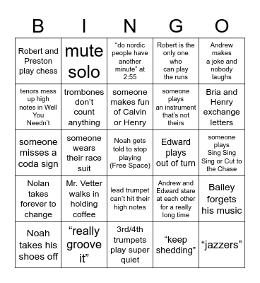 Jazz Ensemble Bingo Card