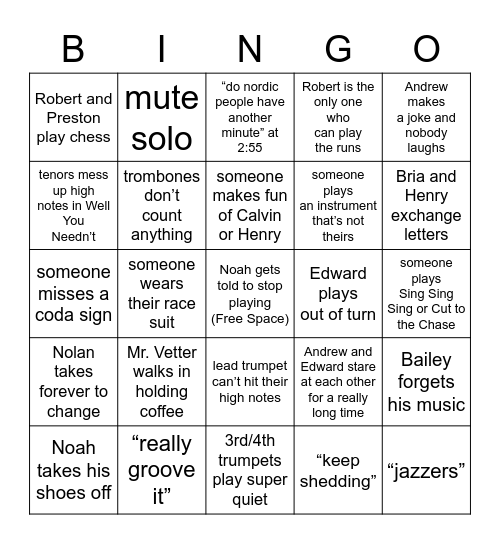 Jazz Ensemble Bingo Card