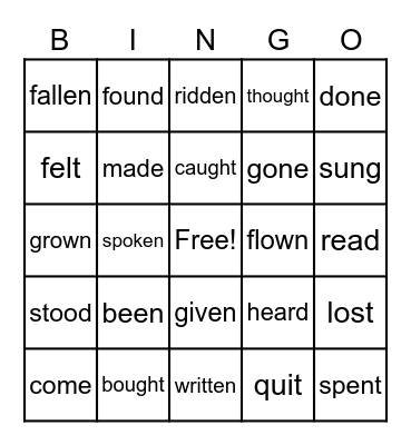 Past Participle Verbs Bingo Card
