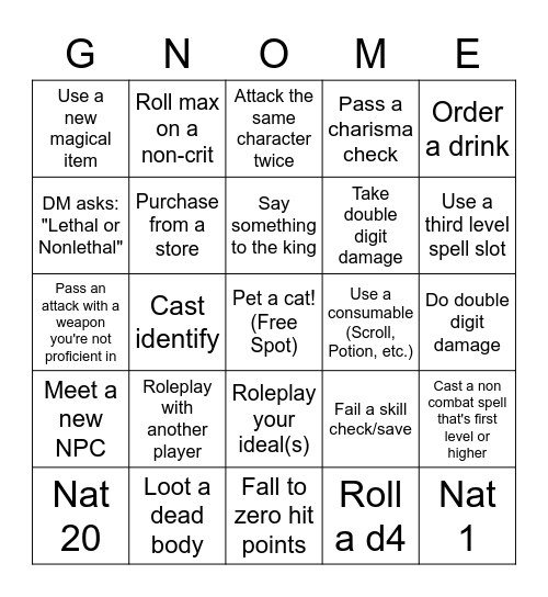 Gnomego Bingo Card