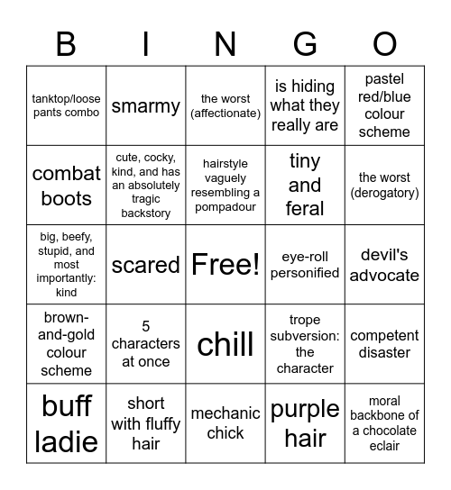 jade's character creation bingo Card