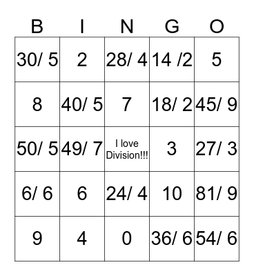 Division Bingo Card