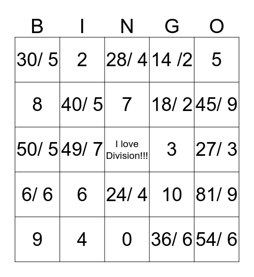 Division Bingo Card