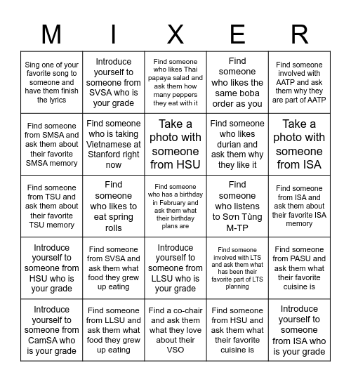 SEA Mixer Bingo Card