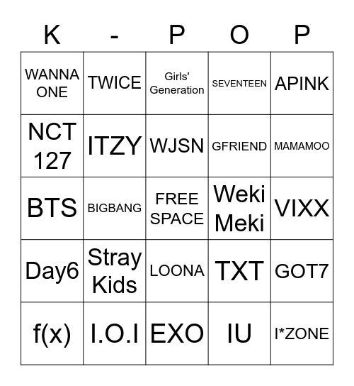 kpop Bingo Card