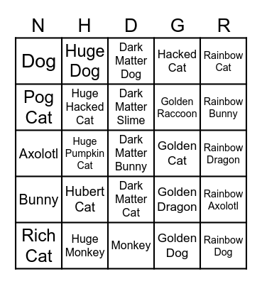 Pet Simulator X Bingo Card