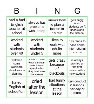 teachers Bingo Card