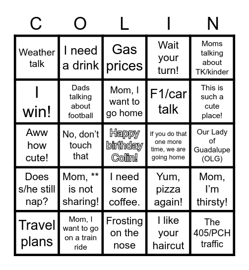 Kids Birthday Bingo Card