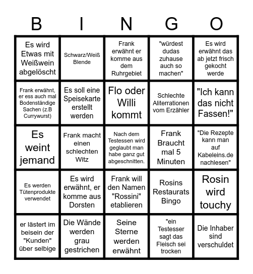 Rosins Restaurant Bingo Card