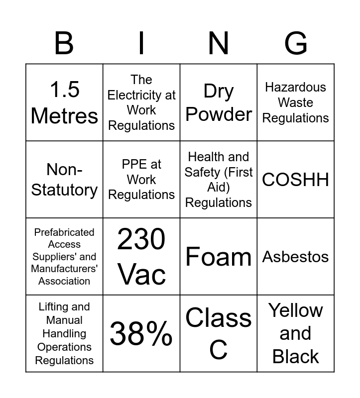 Health and Safety Revision Bingo Card