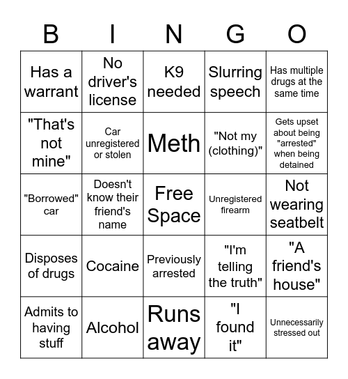 Cops Traffic Stops Bingo Card