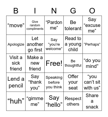 Kind vs. Unkind  Bingo Card