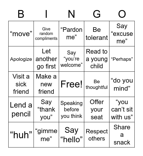 Kind vs. Unkind  Bingo Card