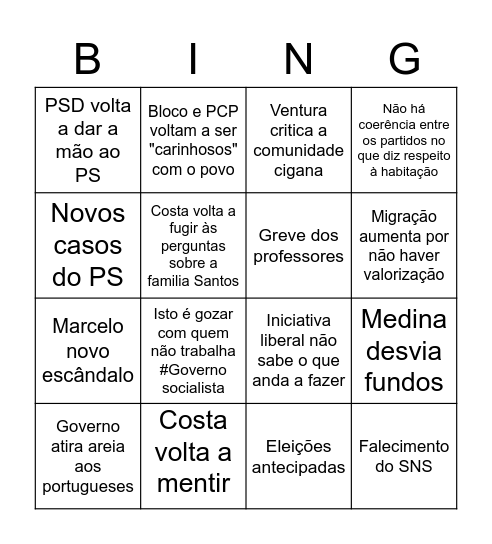 Incompetência da politica portuguesa Bingo Card