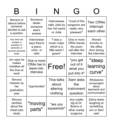CRA Interview Bingo Card