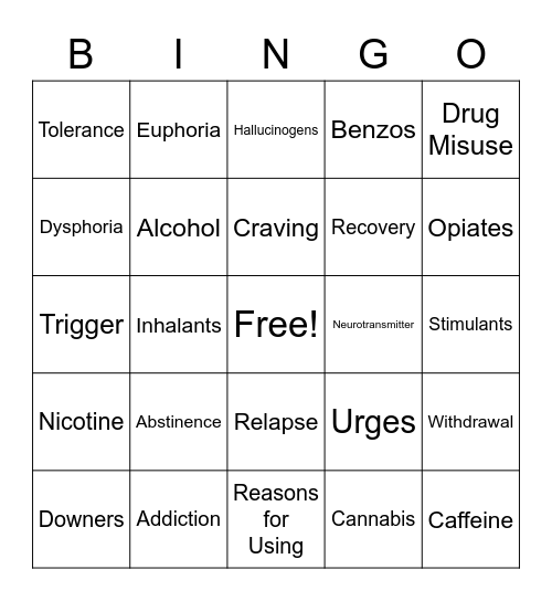 Drugs and Alcohol Bingo Card