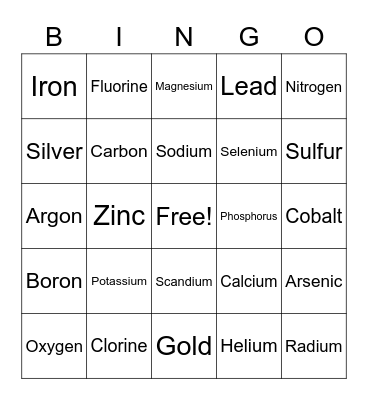 Periodic Table Bingo Card