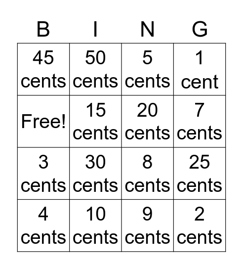 Pennies and Nickels Bingo Card