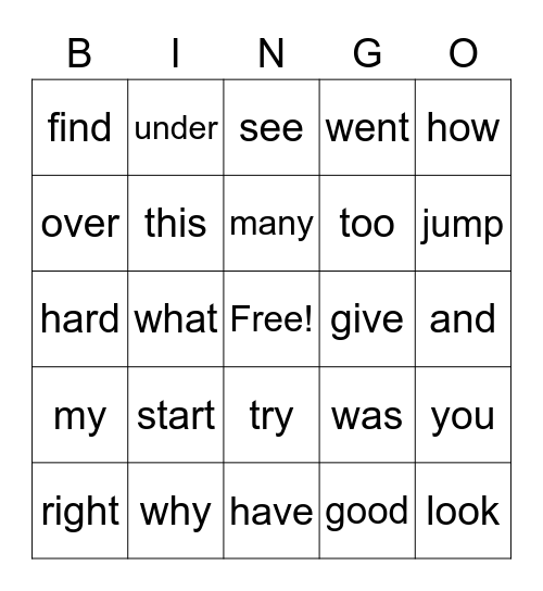 High Frequency Words Bingo Card