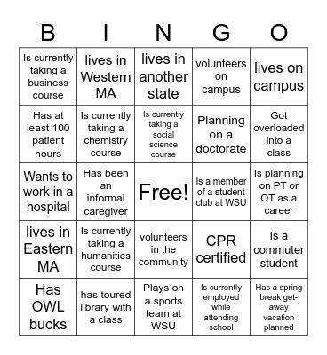 Health Sciences Networking Bingo Card
