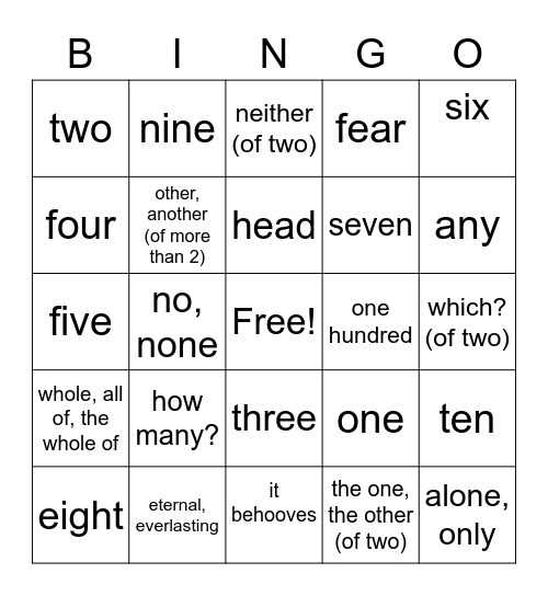 Latin Bingo Card