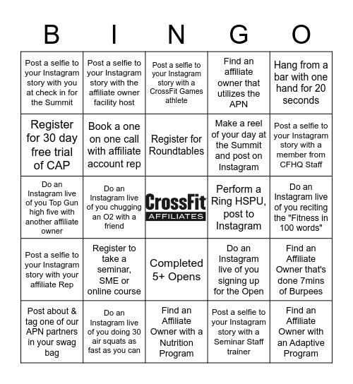 CrossFit Affiliate Summit Bingo Card