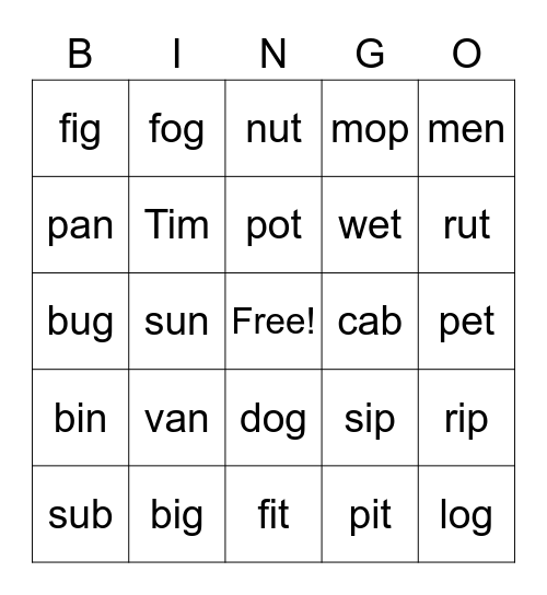 CVC + Blends Bingo Card