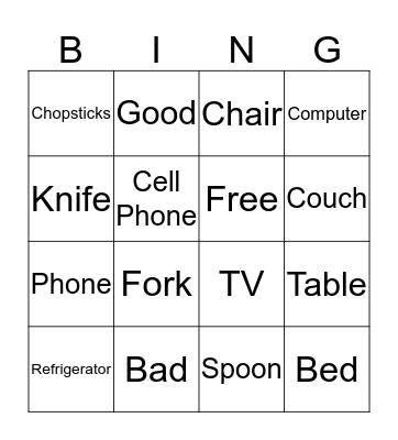 Items Bingo Card