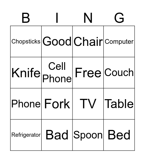 Items Bingo Card