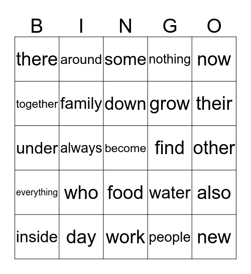 Sight Word Bingo Card