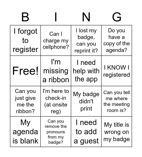 Registration Bingo Card