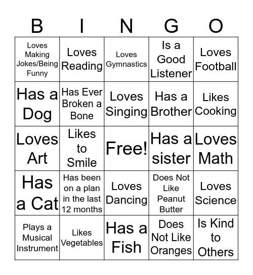 Friendship Facts Bingo Card