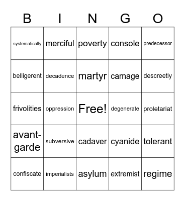 Persepolis Vocabulary Bingo Card