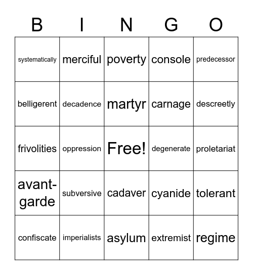 Persepolis Vocabulary Bingo Card