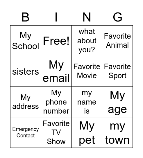 Chat - About me Bingo Card