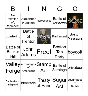 Revolutionary War Bingo Card