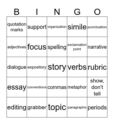 Words for Writers Bingo Card