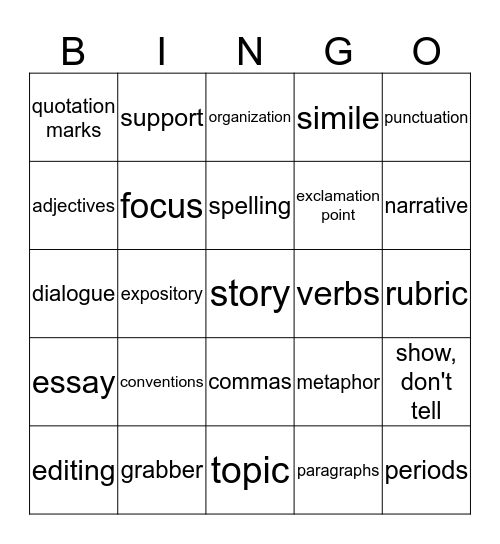 Words for Writers Bingo Card