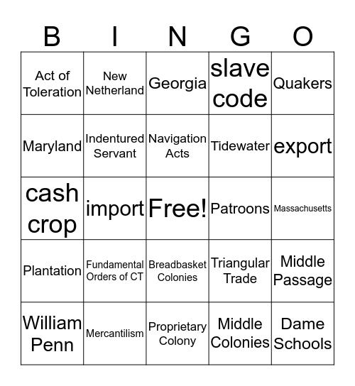 Ye Colonial Bingo Boarde Bingo Card