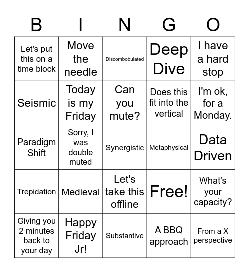 Chuckle at Work - Dumb buzz words, overly used phrases, and odd phrasing all around. Bingo Card