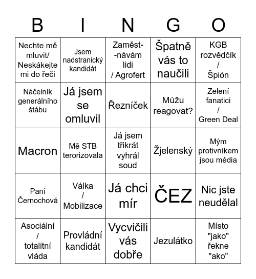 Babiš - prezidentská debata 2023 Bingo Card